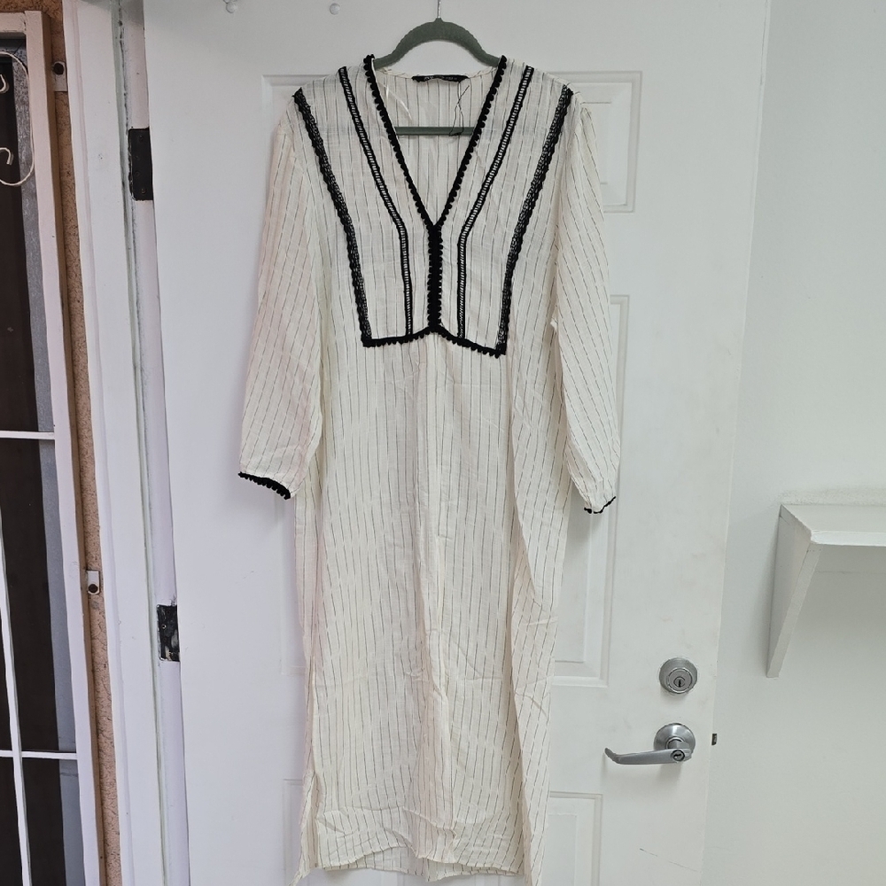 ZARA WOMAN NWT STRIPED RUSTIC KAFTAN MIDI DRESS ECRU / BLACK | 1165/156 XS-S - Picture 2 of 15